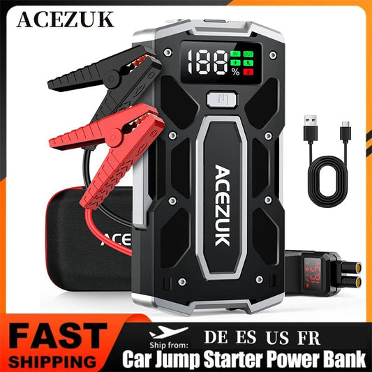 12V portable car jump starter connected to vehicle battery | 4000A peak car jump starter charging phone via USB-A port | compact 12V jump starter stored in car glove box | emergency jump starter with LED flashlight at night | USB-C charging port on 12V portable power bank | jump starter being used to start a diesel engine | reverse polarity protection feature on 12V jump starter clamps | portable jump starter with strobe light for emergency signaling | 12V power bank charging tablet during road trip | safe 