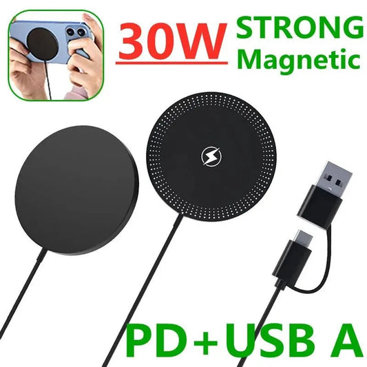 30W Magnetic Wireless Charger Pad Fast Charging Stand for iPhone 15 14 13 12 Pro Airpods PD Macsafe Dock Station - 
