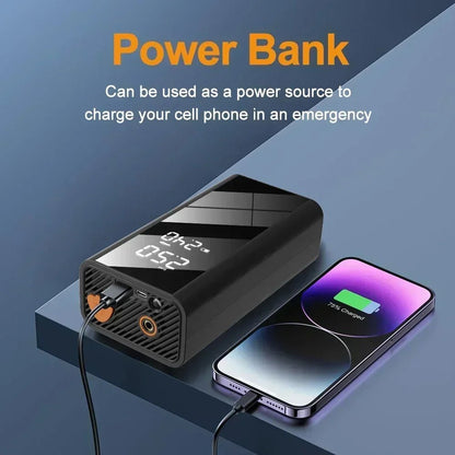 car jump starter connected to battery | inflating tire with built-in compressor | digital pressure gauge on display | charging phone via USB port | LED flashlight in SOS mode | car emergency kit with jump starter | portable 4-in-1 jump starter in trunk | bike tire being inflated roadside | clamps attached to car battery terminals | multi-functional jump starter close-up 