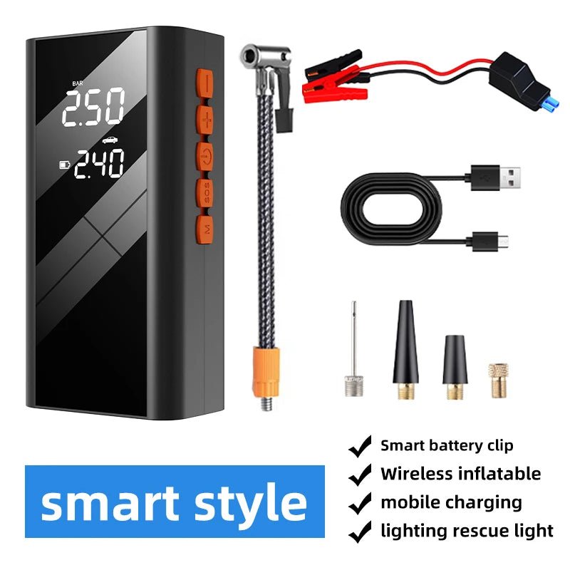 car jump starter connected to battery | inflating tire with built-in compressor | digital pressure gauge on display | charging phone via USB port | LED flashlight in SOS mode | car emergency kit with jump starter | portable 4-in-1 jump starter in trunk | bike tire being inflated roadside | clamps attached to car battery terminals | multi-functional jump starter close-up 