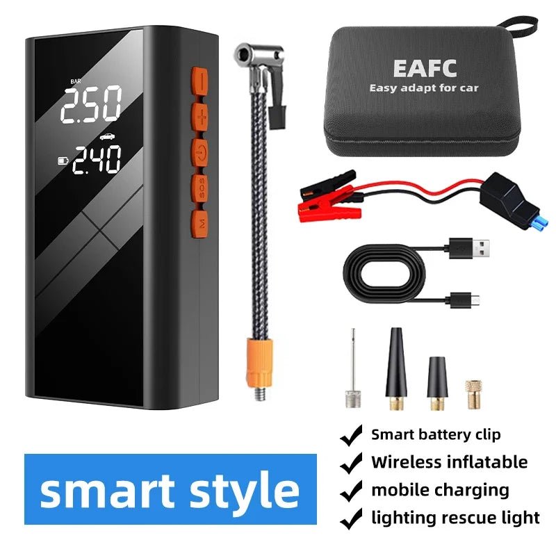 car jump starter connected to battery | inflating tire with built-in compressor | digital pressure gauge on display | charging phone via USB port | LED flashlight in SOS mode | car emergency kit with jump starter | portable 4-in-1 jump starter in trunk | bike tire being inflated roadside | clamps attached to car battery terminals | multi-functional jump starter close-up 