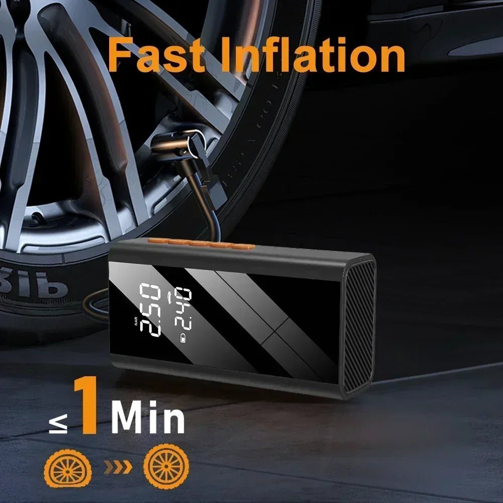 car jump starter connected to battery | inflating tire with built-in compressor | digital pressure gauge on display | charging phone via USB port | LED flashlight in SOS mode | car emergency kit with jump starter | portable 4-in-1 jump starter in trunk | bike tire being inflated roadside | clamps attached to car battery terminals | multi-functional jump starter close-up 