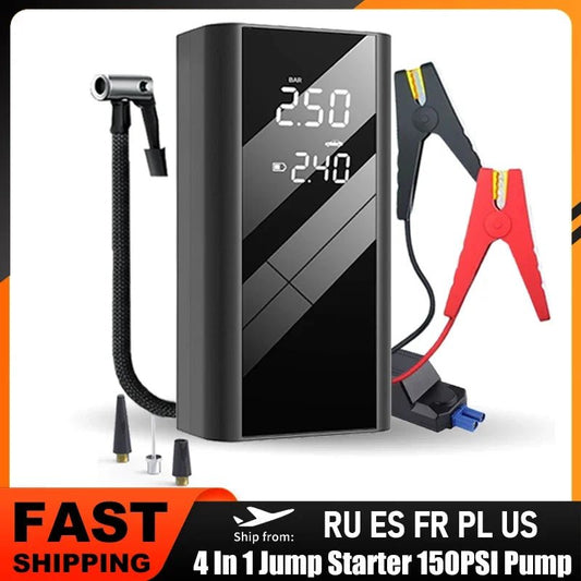 car jump starter connected to battery | inflating tire with built-in compressor | digital pressure gauge on display | charging phone via USB port | LED flashlight in SOS mode | car emergency kit with jump starter | portable 4-in-1 jump starter in trunk | bike tire being inflated roadside | clamps attached to car battery terminals | multi-functional jump starter close-up 