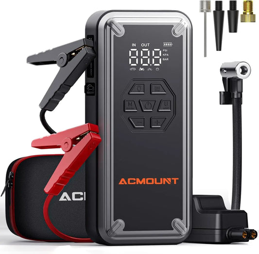 ACMOUN 3000A jump starter connected to car battery on roadside | car tire being inflated by ACMOUN jump starter's built-in air compressor | ACMOUN emergency power bank charging smartphone via USB port | digital pressure gauge on ACMOUN tire inflator with auto shut-off | LED flashlight with SOS mode turned on during nighttime emergency | multi-function ACMOUN jump starter inflating bicycle tire outdoors | close-up of USB ports and control panel on ACMOUN power bank | all-in-one emergency car kit with ACMOUN 