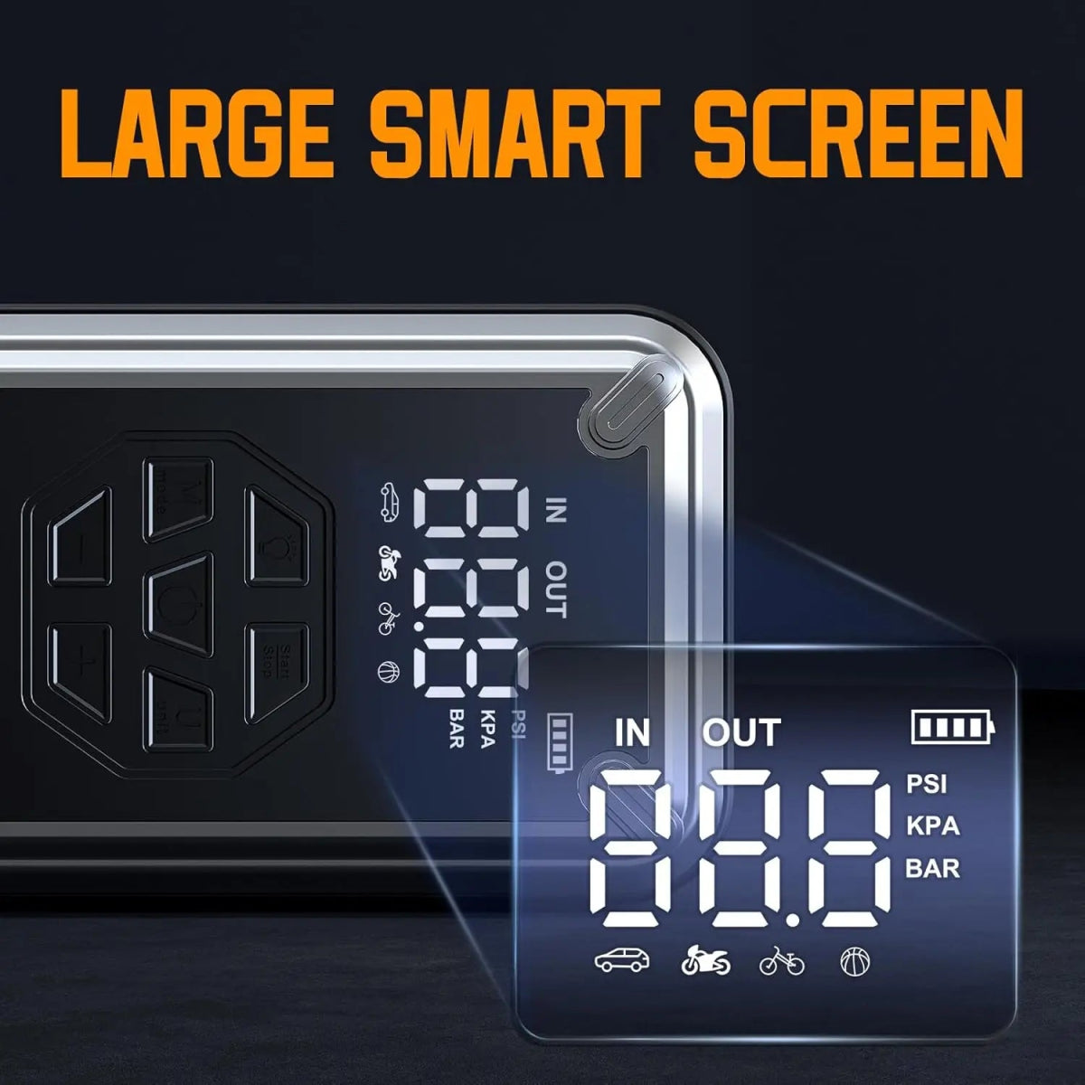 ACMOUN 3000A jump starter connected to car battery on roadside | car tire being inflated by ACMOUN jump starter's built-in air compressor | ACMOUN emergency power bank charging smartphone via USB port | digital pressure gauge on ACMOUN tire inflator with auto shut-off | LED flashlight with SOS mode turned on during nighttime emergency | multi-function ACMOUN jump starter inflating bicycle tire outdoors | close-up of USB ports and control panel on ACMOUN power bank | all-in-one emergency car kit with ACMOUN 