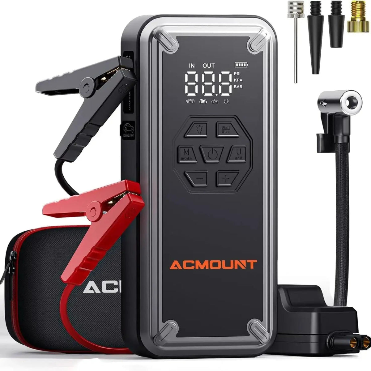 ACMOUN 3000A jump starter connected to car battery on roadside | car tire being inflated by ACMOUN jump starter's built-in air compressor | ACMOUN emergency power bank charging smartphone via USB port | digital pressure gauge on ACMOUN tire inflator with auto shut-off | LED flashlight with SOS mode turned on during nighttime emergency | multi-function ACMOUN jump starter inflating bicycle tire outdoors | close-up of USB ports and control panel on ACMOUN power bank | all-in-one emergency car kit with ACMOUN 