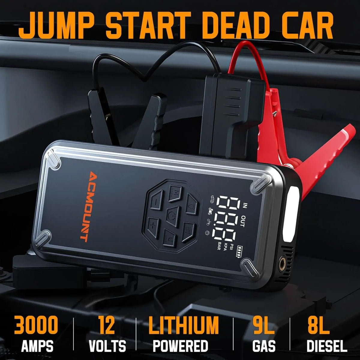 ACMOUN 3000A jump starter connected to car battery on roadside | car tire being inflated by ACMOUN jump starter's built-in air compressor | ACMOUN emergency power bank charging smartphone via USB port | digital pressure gauge on ACMOUN tire inflator with auto shut-off | LED flashlight with SOS mode turned on during nighttime emergency | multi-function ACMOUN jump starter inflating bicycle tire outdoors | close-up of USB ports and control panel on ACMOUN power bank | all-in-one emergency car kit with ACMOUN 