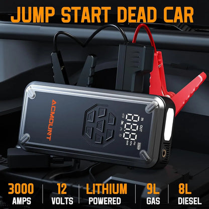 ACMOUN 3000A jump starter connected to car battery on roadside | car tire being inflated by ACMOUN jump starter's built-in air compressor | ACMOUN emergency power bank charging smartphone via USB port | digital pressure gauge on ACMOUN tire inflator with auto shut-off | LED flashlight with SOS mode turned on during nighttime emergency | multi-function ACMOUN jump starter inflating bicycle tire outdoors | close-up of USB ports and control panel on ACMOUN power bank | all-in-one emergency car kit with ACMOUN 