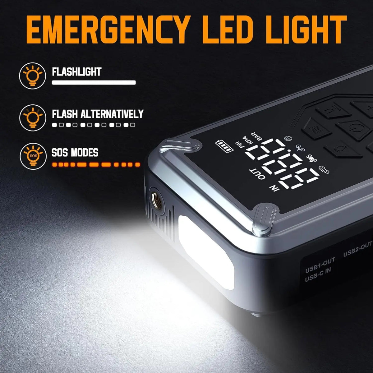 ACMOUN 3000A jump starter connected to car battery on roadside | car tire being inflated by ACMOUN jump starter's built-in air compressor | ACMOUN emergency power bank charging smartphone via USB port | digital pressure gauge on ACMOUN tire inflator with auto shut-off | LED flashlight with SOS mode turned on during nighttime emergency | multi-function ACMOUN jump starter inflating bicycle tire outdoors | close-up of USB ports and control panel on ACMOUN power bank | all-in-one emergency car kit with ACMOUN 