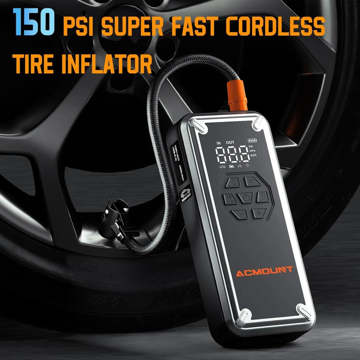 ACMOUN 3000A jump starter connected to car battery on roadside | car tire being inflated by ACMOUN jump starter's built-in air compressor | ACMOUN emergency power bank charging smartphone via USB port | digital pressure gauge on ACMOUN tire inflator with auto shut-off | LED flashlight with SOS mode turned on during nighttime emergency | multi-function ACMOUN jump starter inflating bicycle tire outdoors | close-up of USB ports and control panel on ACMOUN power bank | all-in-one emergency car kit with ACMOUN 
