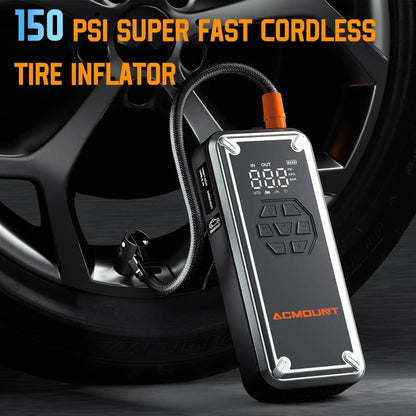 ACMOUN 3000A jump starter connected to car battery on roadside | car tire being inflated by ACMOUN jump starter's built-in air compressor | ACMOUN emergency power bank charging smartphone via USB port | digital pressure gauge on ACMOUN tire inflator with auto shut-off | LED flashlight with SOS mode turned on during nighttime emergency | multi-function ACMOUN jump starter inflating bicycle tire outdoors | close-up of USB ports and control panel on ACMOUN power bank | all-in-one emergency car kit with ACMOUN 