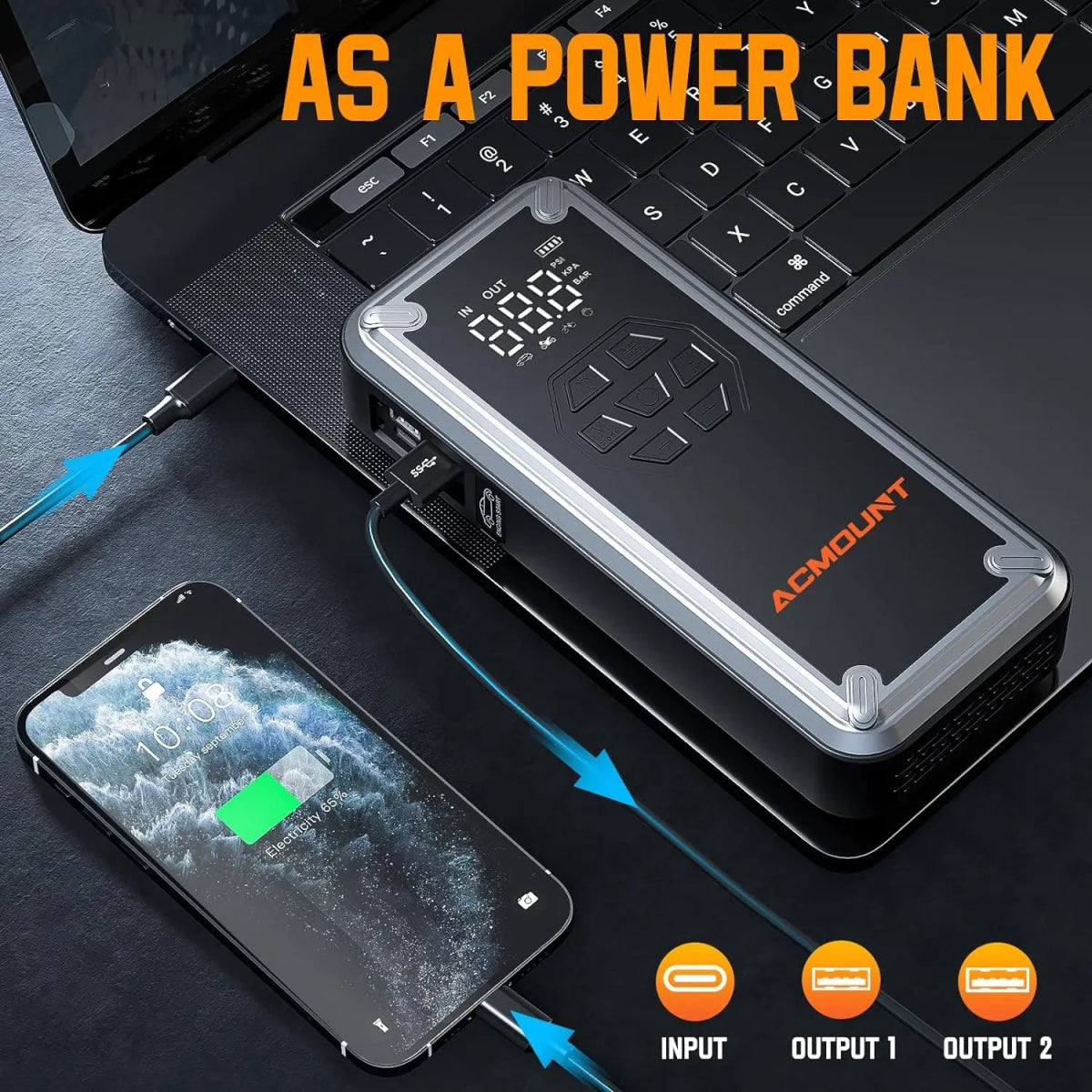 ACMOUN 3000A jump starter connected to car battery on roadside | car tire being inflated by ACMOUN jump starter's built-in air compressor | ACMOUN emergency power bank charging smartphone via USB port | digital pressure gauge on ACMOUN tire inflator with auto shut-off | LED flashlight with SOS mode turned on during nighttime emergency | multi-function ACMOUN jump starter inflating bicycle tire outdoors | close-up of USB ports and control panel on ACMOUN power bank | all-in-one emergency car kit with ACMOUN 