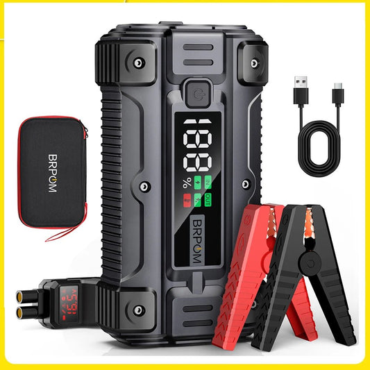 auto car jump starter with jumper cables on vehicle battery | compact portable power bank for car and phone charging | LED emergency flashlight on car battery booster | jump starter device connected to car in snowy weather | portable jump starter charging smartphone via USB | high-capacity battery booster for trucks and SUVs | safe spark-proof jump starter with reverse polarity protection | multi-functional power bank with built-in flashlight and USB ports
