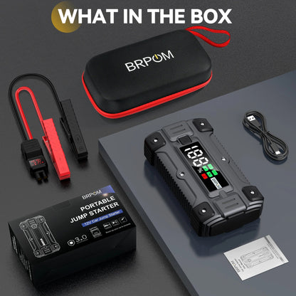 auto car jump starter with jumper cables on vehicle battery | compact portable power bank for car and phone charging | LED emergency flashlight on car battery booster | jump starter device connected to car in snowy weather | portable jump starter charging smartphone via USB | high-capacity battery booster for trucks and SUVs | safe spark-proof jump starter with reverse polarity protection | multi-functional power bank with built-in flashlight and USB ports
