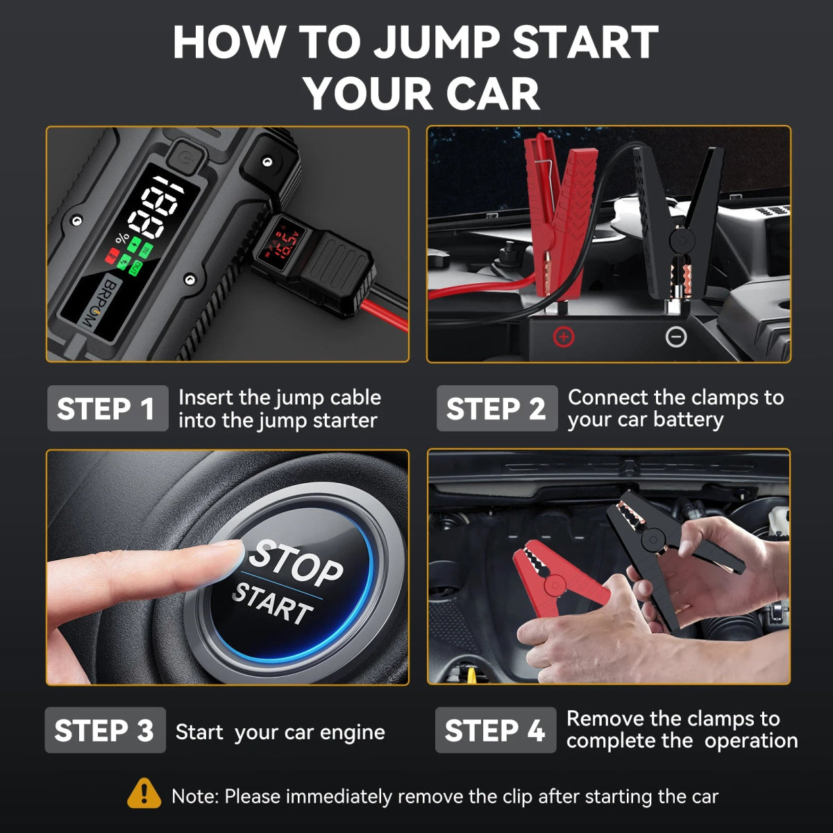 auto car jump starter with jumper cables on vehicle battery | compact portable power bank for car and phone charging | LED emergency flashlight on car battery booster | jump starter device connected to car in snowy weather | portable jump starter charging smartphone via USB | high-capacity battery booster for trucks and SUVs | safe spark-proof jump starter with reverse polarity protection | multi-functional power bank with built-in flashlight and USB ports
