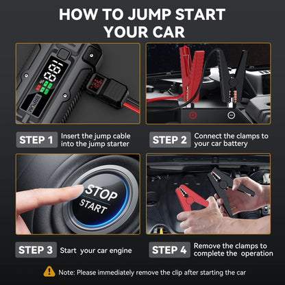 auto car jump starter with jumper cables on vehicle battery | compact portable power bank for car and phone charging | LED emergency flashlight on car battery booster | jump starter device connected to car in snowy weather | portable jump starter charging smartphone via USB | high-capacity battery booster for trucks and SUVs | safe spark-proof jump starter with reverse polarity protection | multi-functional power bank with built-in flashlight and USB ports
