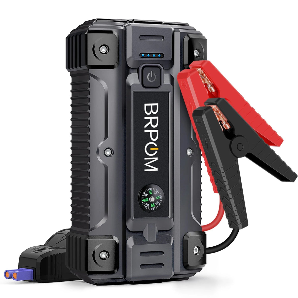 auto car jump starter with jumper cables on vehicle battery | compact portable power bank for car and phone charging | LED emergency flashlight on car battery booster | jump starter device connected to car in snowy weather | portable jump starter charging smartphone via USB | high-capacity battery booster for trucks and SUVs | safe spark-proof jump starter with reverse polarity protection | multi-functional power bank with built-in flashlight and USB ports
