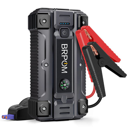 auto car jump starter with jumper cables on vehicle battery | compact portable power bank for car and phone charging | LED emergency flashlight on car battery booster | jump starter device connected to car in snowy weather | portable jump starter charging smartphone via USB | high-capacity battery booster for trucks and SUVs | safe spark-proof jump starter with reverse polarity protection | multi-functional power bank with built-in flashlight and USB ports
