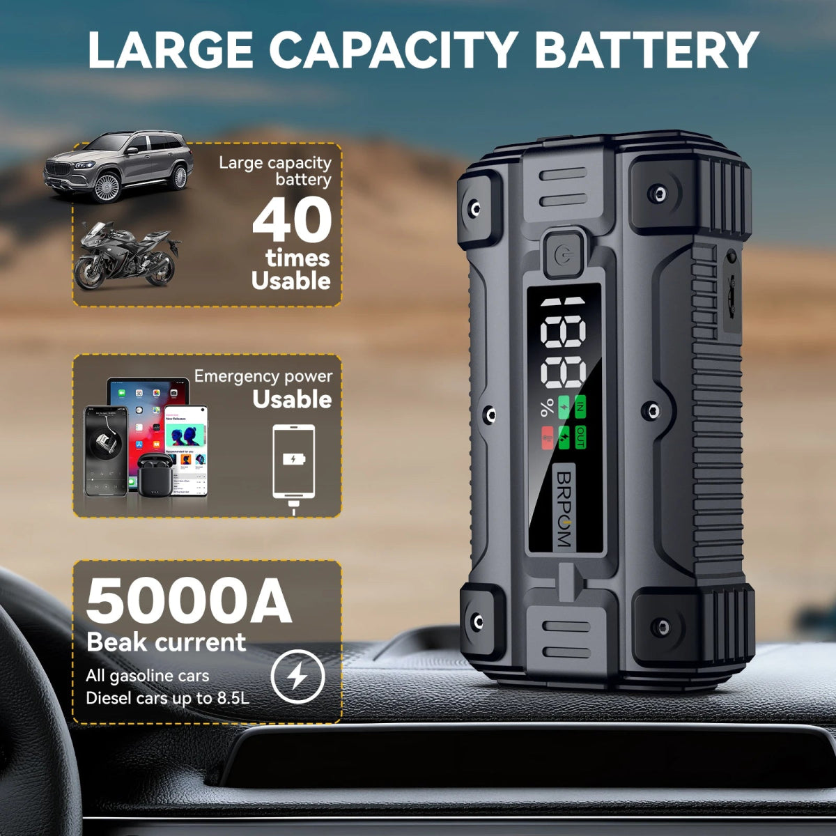 auto car jump starter with jumper cables on vehicle battery | compact portable power bank for car and phone charging | LED emergency flashlight on car battery booster | jump starter device connected to car in snowy weather | portable jump starter charging smartphone via USB | high-capacity battery booster for trucks and SUVs | safe spark-proof jump starter with reverse polarity protection | multi-functional power bank with built-in flashlight and USB ports
