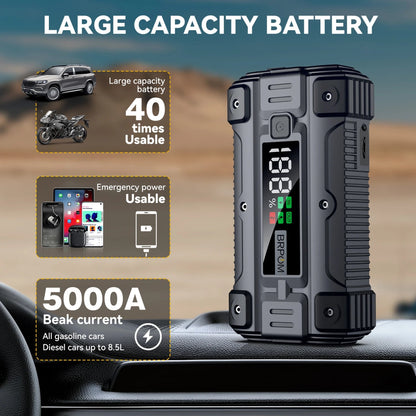 auto car jump starter with jumper cables on vehicle battery | compact portable power bank for car and phone charging | LED emergency flashlight on car battery booster | jump starter device connected to car in snowy weather | portable jump starter charging smartphone via USB | high-capacity battery booster for trucks and SUVs | safe spark-proof jump starter with reverse polarity protection | multi-functional power bank with built-in flashlight and USB ports

