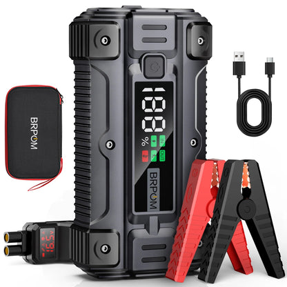 auto car jump starter with jumper cables on vehicle battery | compact portable power bank for car and phone charging | LED emergency flashlight on car battery booster | jump starter device connected to car in snowy weather | portable jump starter charging smartphone via USB | high-capacity battery booster for trucks and SUVs | safe spark-proof jump starter with reverse polarity protection | multi-functional power bank with built-in flashlight and USB ports

