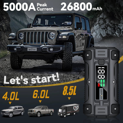 auto car jump starter with jumper cables on vehicle battery | compact portable power bank for car and phone charging | LED emergency flashlight on car battery booster | jump starter device connected to car in snowy weather | portable jump starter charging smartphone via USB | high-capacity battery booster for trucks and SUVs | safe spark-proof jump starter with reverse polarity protection | multi-functional power bank with built-in flashlight and USB ports

