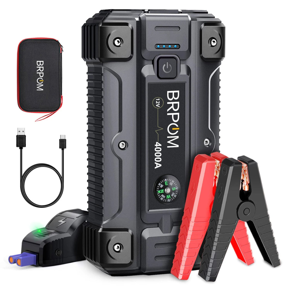 auto car jump starter with jumper cables on vehicle battery | compact portable power bank for car and phone charging | LED emergency flashlight on car battery booster | jump starter device connected to car in snowy weather | portable jump starter charging smartphone via USB | high-capacity battery booster for trucks and SUVs | safe spark-proof jump starter with reverse polarity protection | multi-functional power bank with built-in flashlight and USB ports
