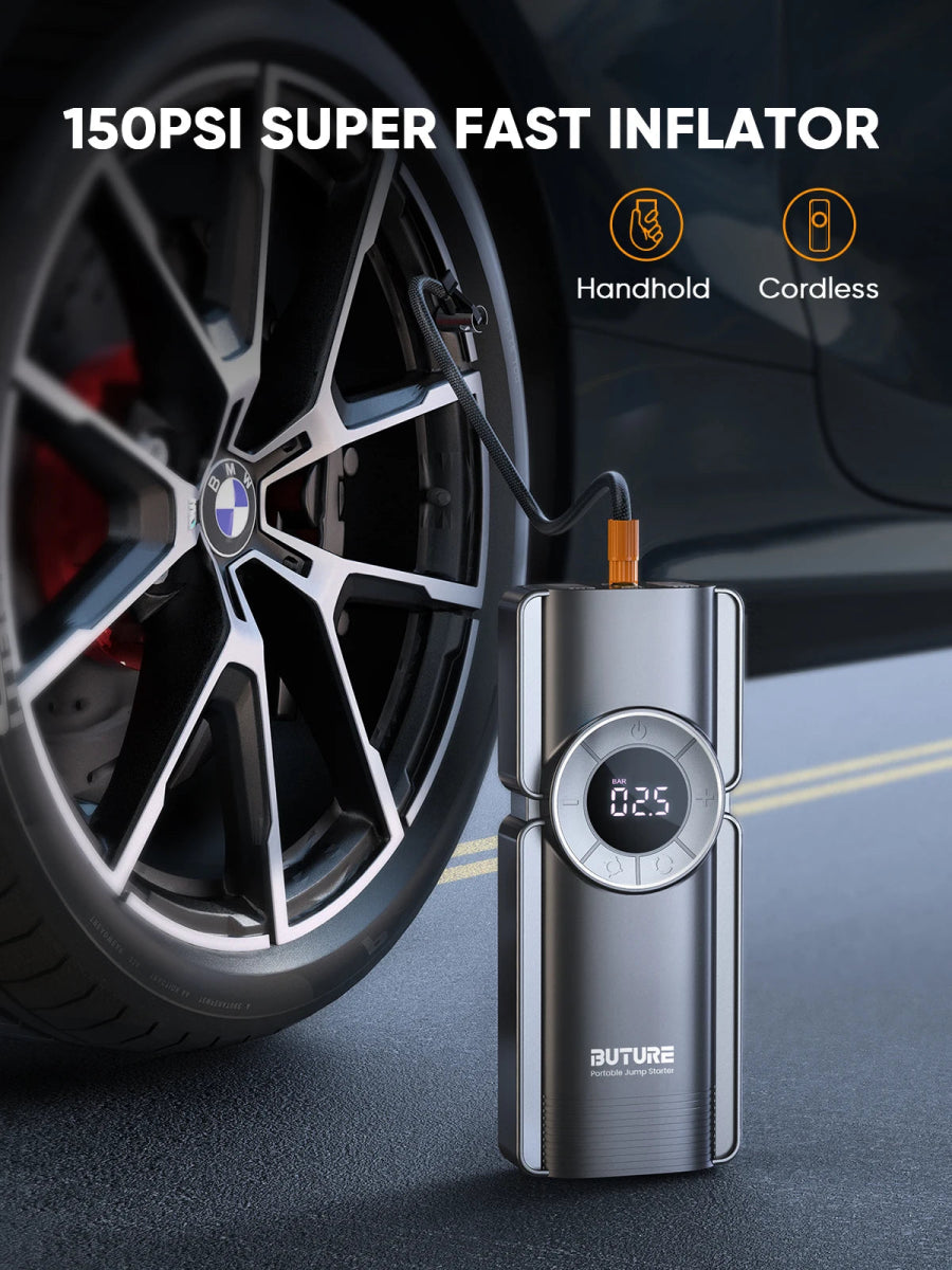 Buture jump starter connected to car battery | inflating tire using Buture 150PSI air pump | digital pressure gauge on Buture compressor | charging phone via Buture power bank | LED light on Buture starter during night use | Buture 4-in-1 device stored in car trunk | Buture jump starter with all included accessories | 