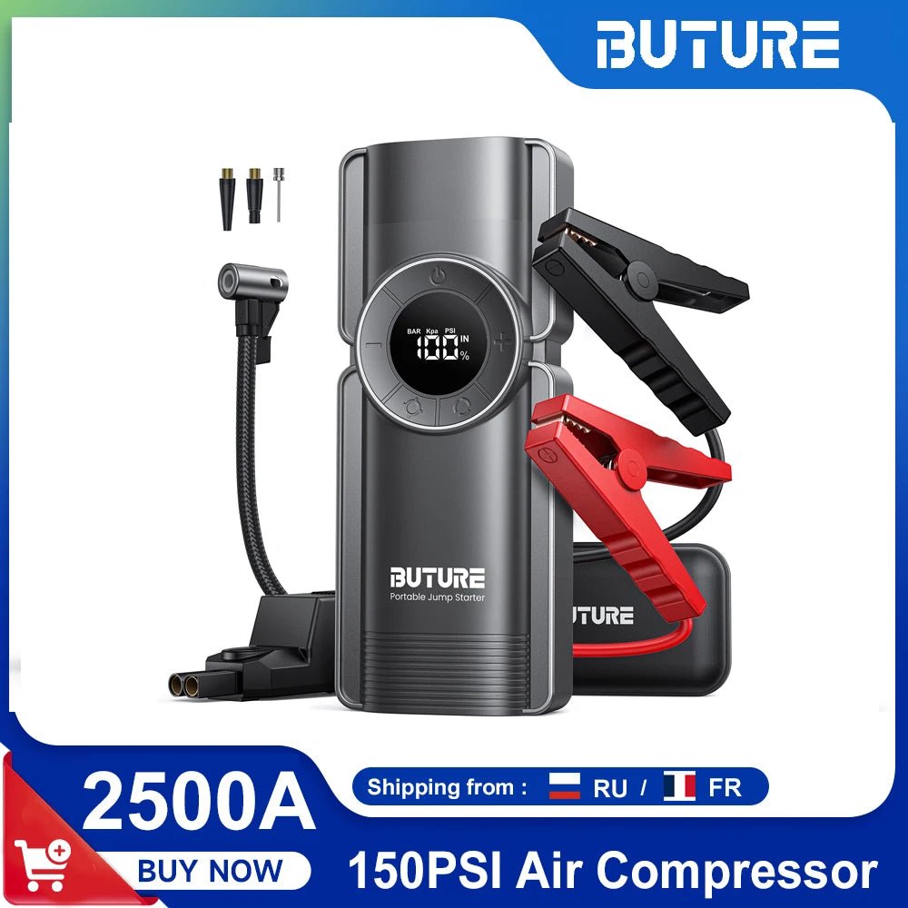 Buture jump starter connected to car battery | inflating tire using Buture 150PSI air pump | digital pressure gauge on Buture compressor | charging phone via Buture power bank | LED light on Buture starter during night use | Buture 4-in-1 device stored in car trunk | Buture jump starter with all included accessories | 