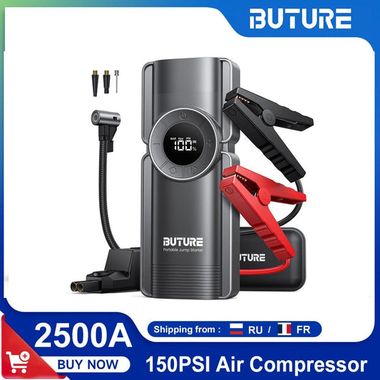 Buture jump starter connected to car battery | inflating tire using Buture 150PSI air pump | digital pressure gauge on Buture compressor | charging phone via Buture power bank | LED light on Buture starter during night use | Buture 4-in-1 device stored in car trunk | Buture jump starter with all included accessories | 