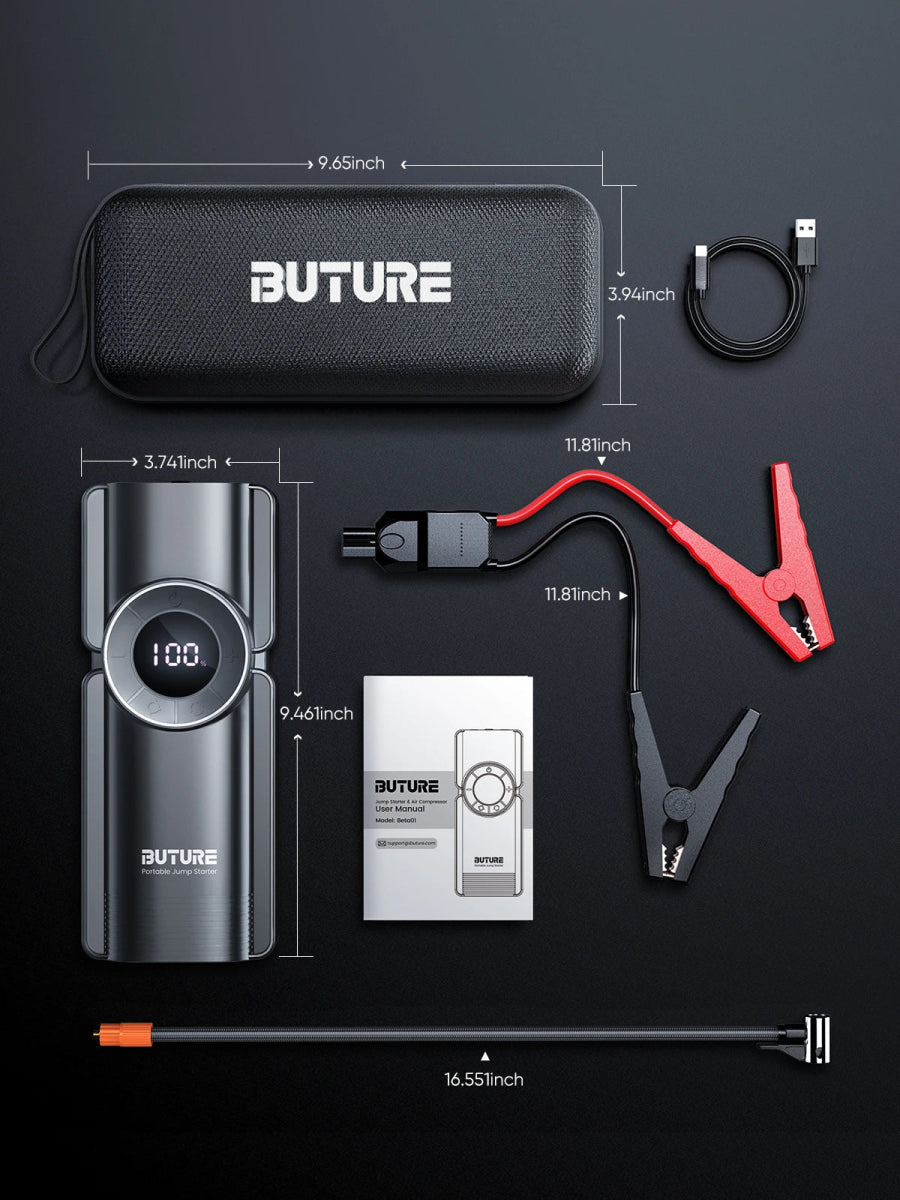 Buture jump starter connected to car battery | inflating tire using Buture 150PSI air pump | digital pressure gauge on Buture compressor | charging phone via Buture power bank | LED light on Buture starter during night use | Buture 4-in-1 device stored in car trunk | Buture jump starter with all included accessories | 