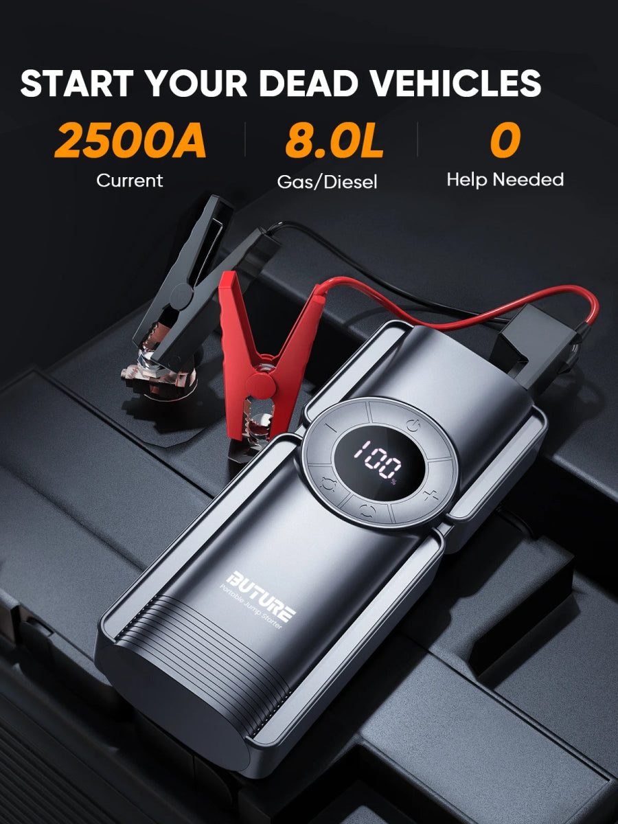 Buture jump starter connected to car battery | inflating tire using Buture 150PSI air pump | digital pressure gauge on Buture compressor | charging phone via Buture power bank | LED light on Buture starter during night use | Buture 4-in-1 device stored in car trunk | Buture jump starter with all included accessories | 