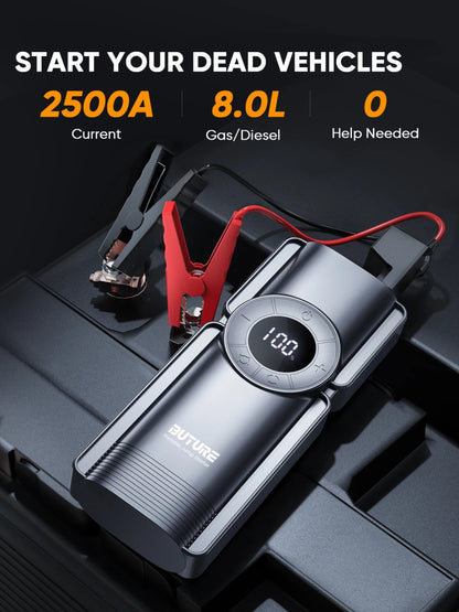 Buture jump starter connected to car battery | inflating tire using Buture 150PSI air pump | digital pressure gauge on Buture compressor | charging phone via Buture power bank | LED light on Buture starter during night use | Buture 4-in-1 device stored in car trunk | Buture jump starter with all included accessories | 