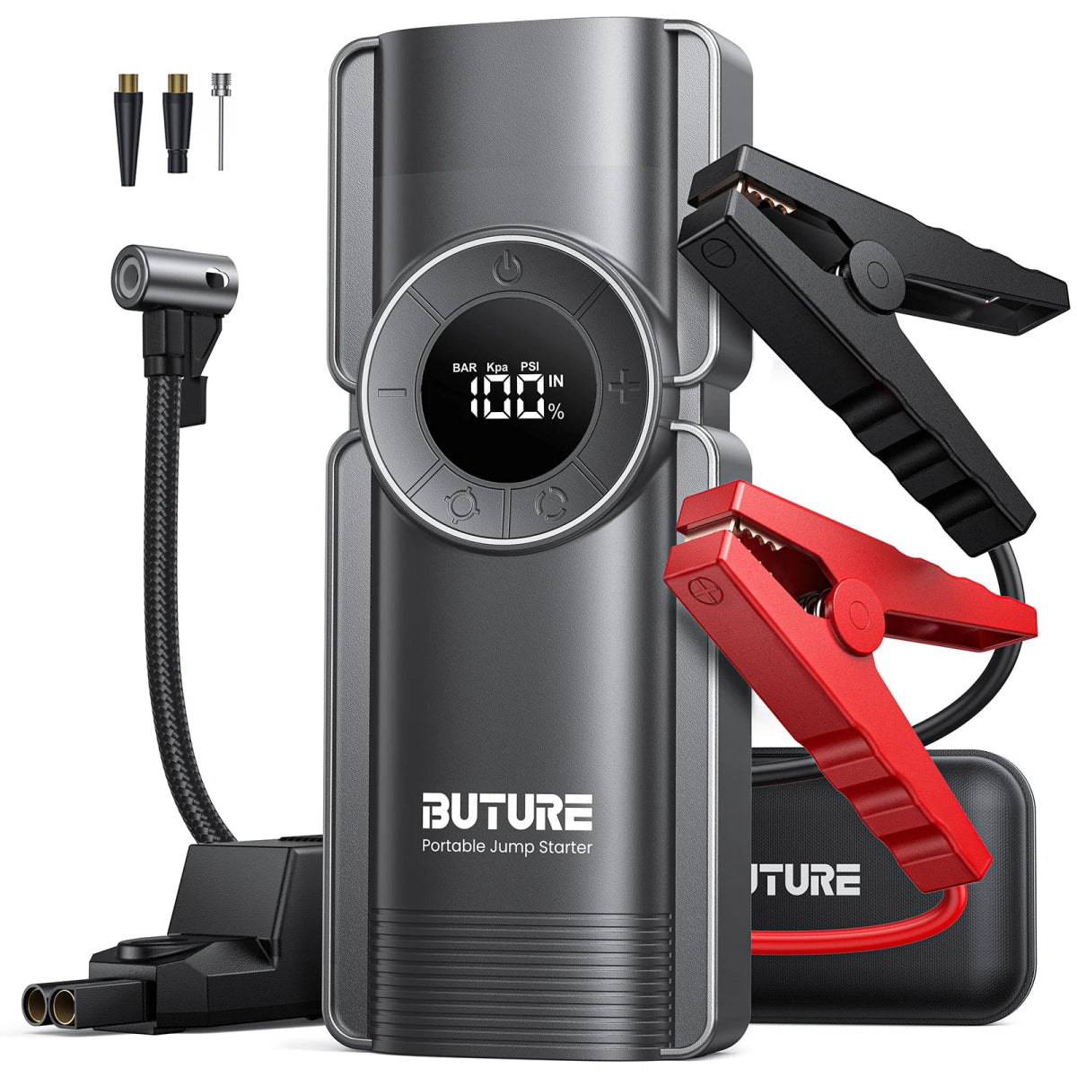 Buture jump starter connected to car battery | inflating tire using Buture 150PSI air pump | digital pressure gauge on Buture compressor | charging phone via Buture power bank | LED light on Buture starter during night use | Buture 4-in-1 device stored in car trunk | Buture jump starter with all included accessories | 