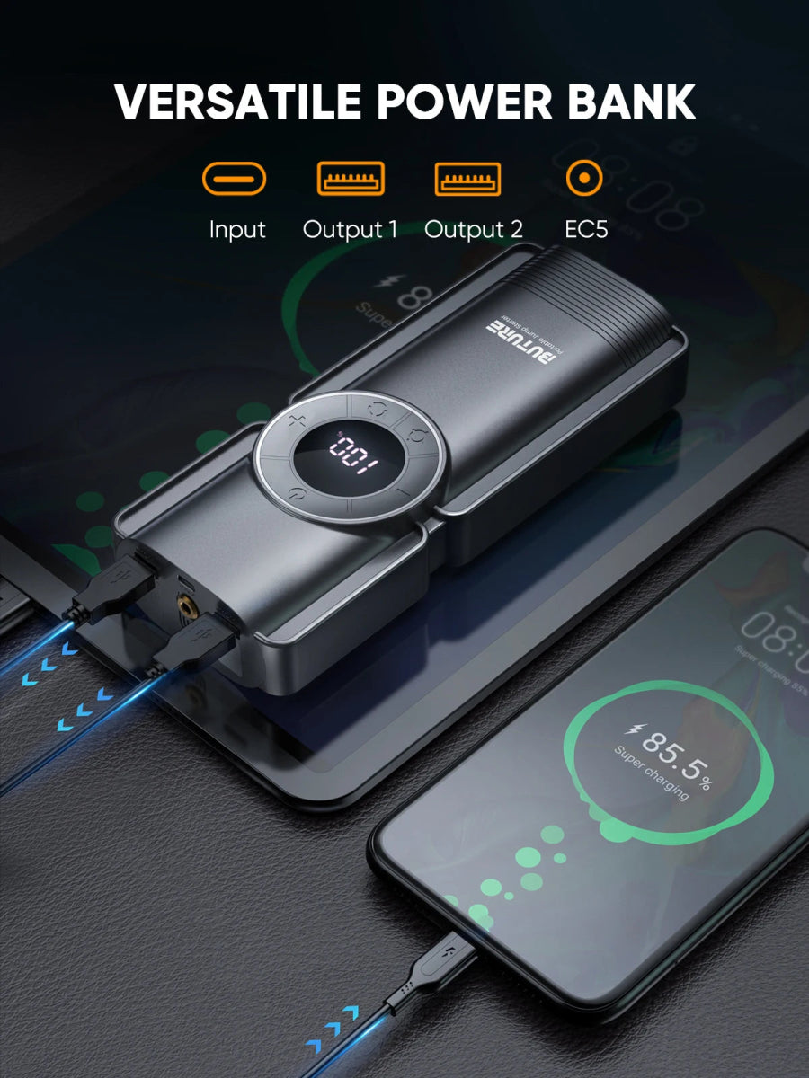 Buture jump starter connected to car battery | inflating tire using Buture 150PSI air pump | digital pressure gauge on Buture compressor | charging phone via Buture power bank | LED light on Buture starter during night use | Buture 4-in-1 device stored in car trunk | Buture jump starter with all included accessories | 