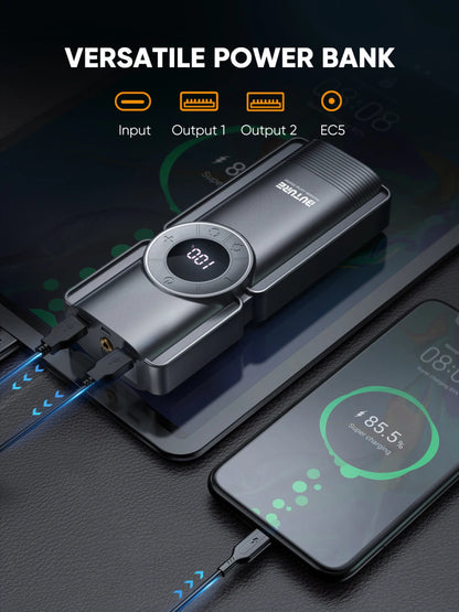 Buture jump starter connected to car battery | inflating tire using Buture 150PSI air pump | digital pressure gauge on Buture compressor | charging phone via Buture power bank | LED light on Buture starter during night use | Buture 4-in-1 device stored in car trunk | Buture jump starter with all included accessories | 