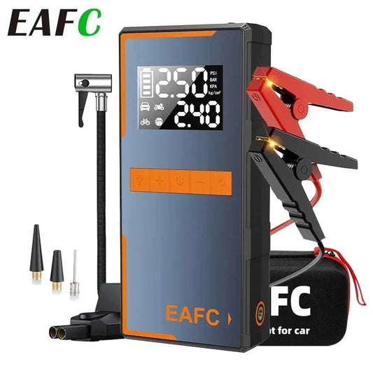 EAFC jump starter connected to car battery | inflating car tire with EAFC air pump | digital pressure display on air compressor | charging phone via EAFC power bank | LED flashlight on during roadside emergency | EAFC jump starter stored in car trunk | motorcycle jumpstarted with EAFC device | bike tire inflated using EAFC pump | spark-proof clamps on battery terminals | EAFC 4-in-1 jump starter with all accessories shown