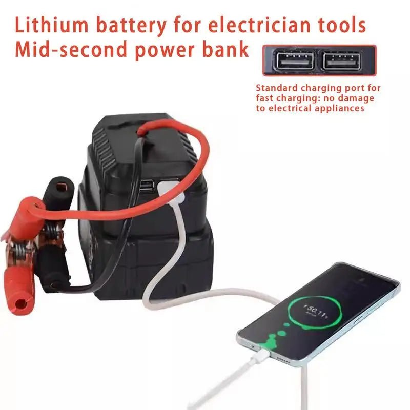 Makita jump starter lithium battery pack connected to car battery | quick charge feature on Makita jump starter in action | charging vehicle with Makita jump starter in emergency situation | Makita lithium battery pack stored in vehicle glove compartment | close-up of Makita jump starter with spark-proof clamps | Makita jump starter with overcharge protection feature displayed | portable jump starter with fast charging time for convenience |  Makita jump starter powering SUV engine during roadside emergency