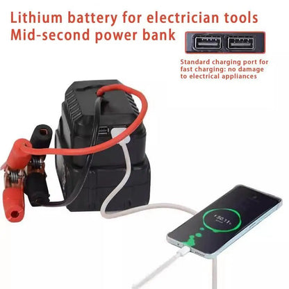 Makita jump starter lithium battery pack connected to car battery | quick charge feature on Makita jump starter in action | charging vehicle with Makita jump starter in emergency situation | Makita lithium battery pack stored in vehicle glove compartment | close-up of Makita jump starter with spark-proof clamps | Makita jump starter with overcharge protection feature displayed | portable jump starter with fast charging time for convenience |  Makita jump starter powering SUV engine during roadside emergency