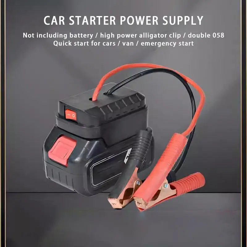 Makita jump starter lithium battery pack connected to car battery | quick charge feature on Makita jump starter in action | charging vehicle with Makita jump starter in emergency situation | Makita lithium battery pack stored in vehicle glove compartment | close-up of Makita jump starter with spark-proof clamps | Makita jump starter with overcharge protection feature displayed | portable jump starter with fast charging time for convenience |  Makita jump starter powering SUV engine during roadside emergency